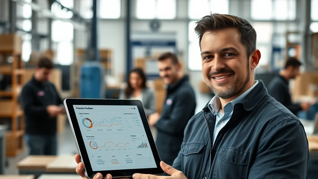 Üretim müdürü, atölyenin içinde elindeki tablette grafikli operasyon raporlarına bakıyor