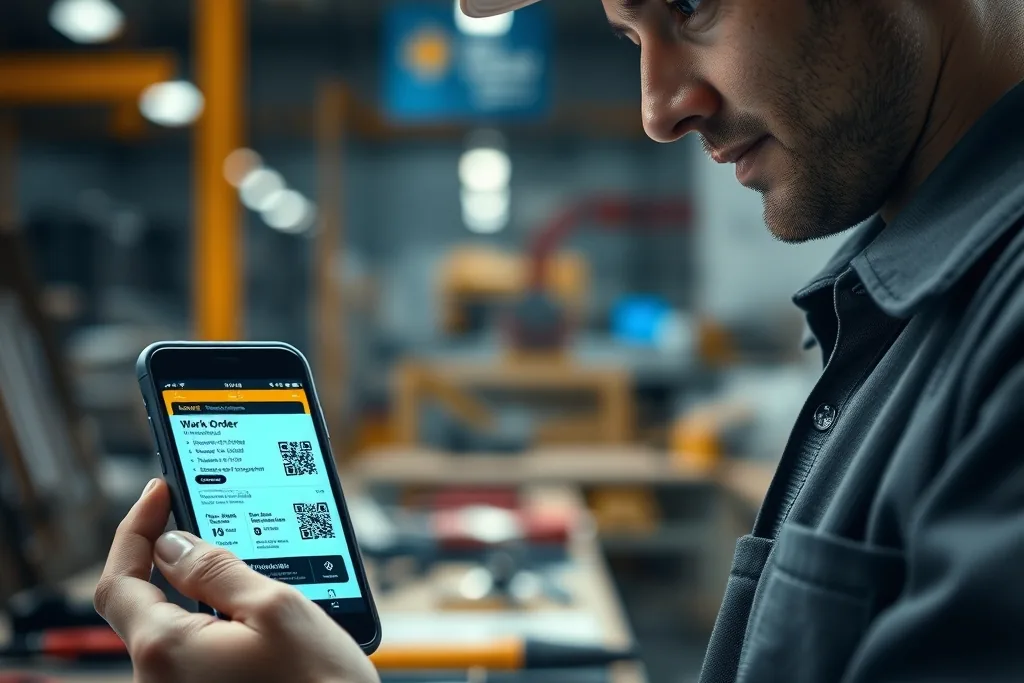 Baretli üretim personeli, atölyede telefonundaki iş emri ekranında QR kodlarına bakıyor