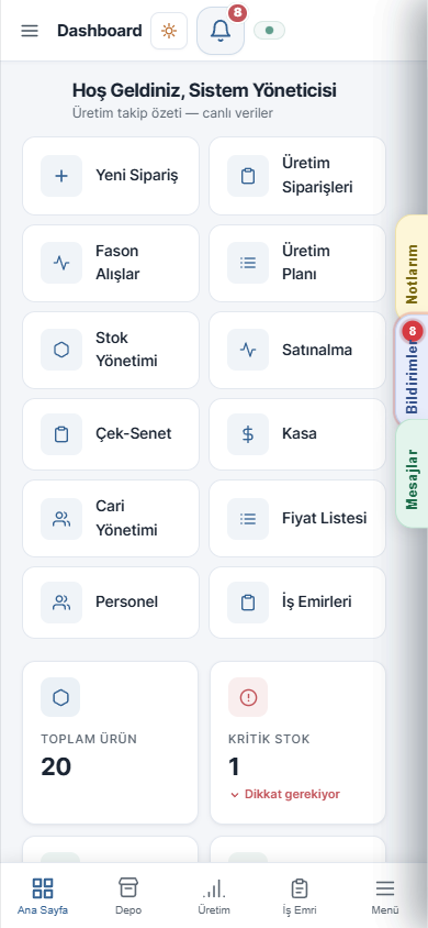 PERON mobil ekranı: telefondan üretim durumu, aşama ilerletme ve QR okutma