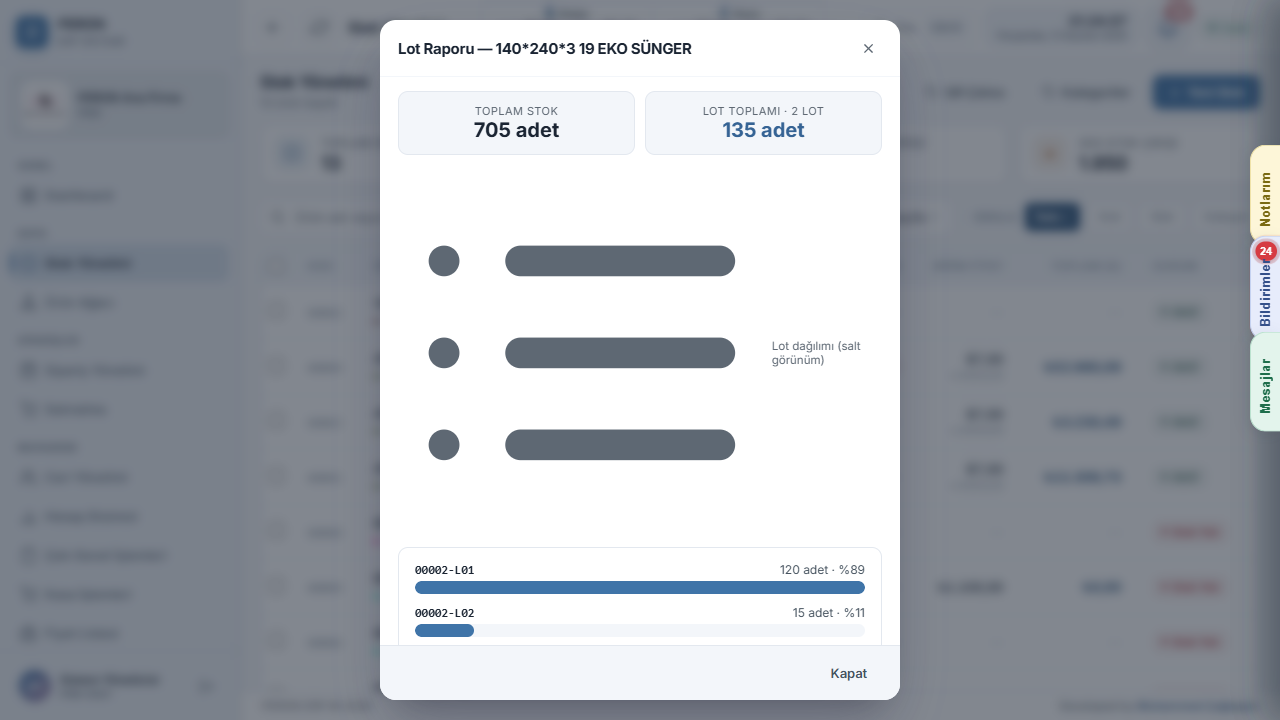 PERON lot raporu penceresi: bir stok kaleminin toplam stoğu, kaç lottan geldiği ve lot bazlı adet/yüzde dağılımı